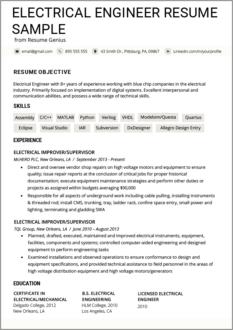 Example Of A Good Resume Engineer