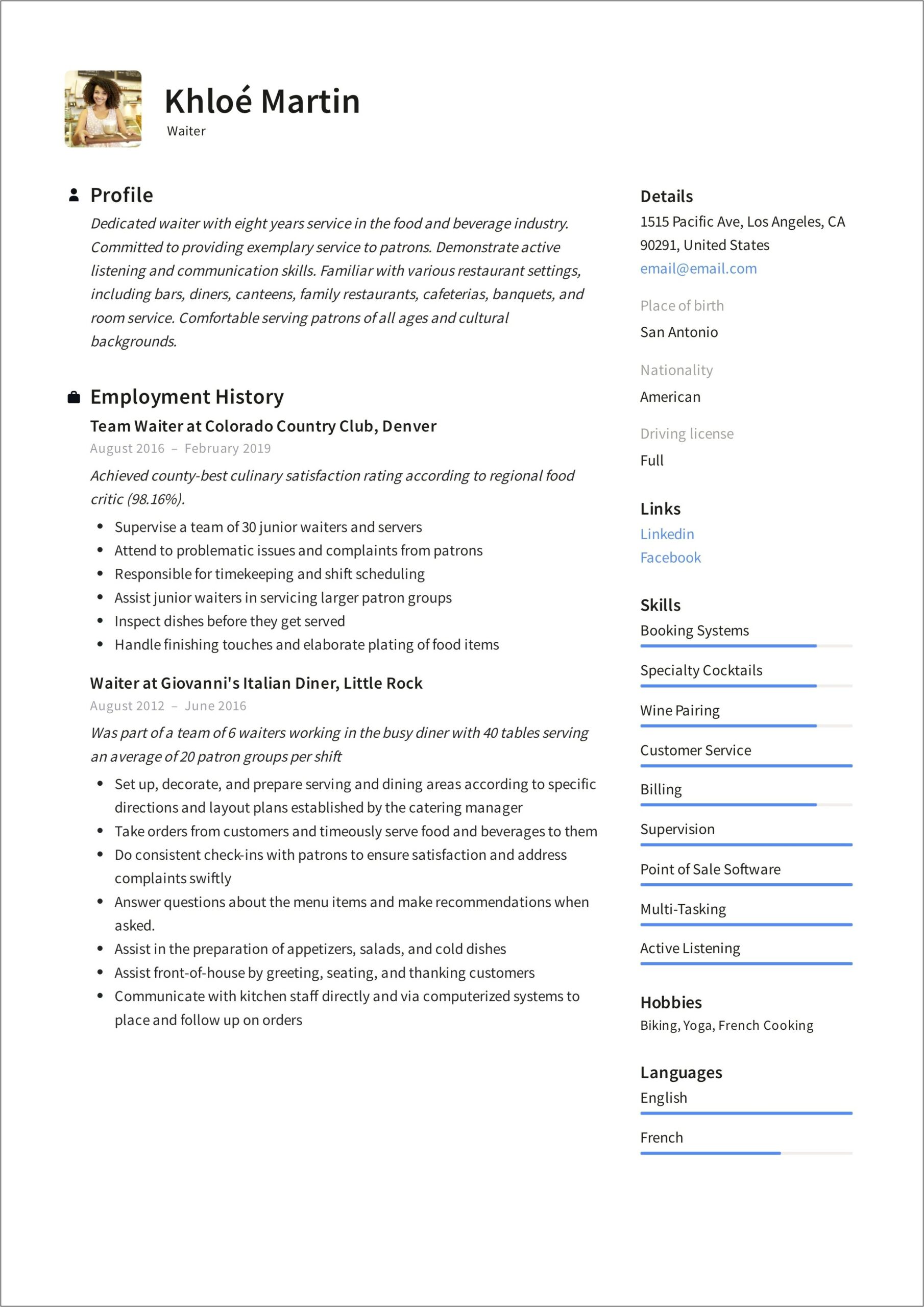 Example Of A Good Server Resume