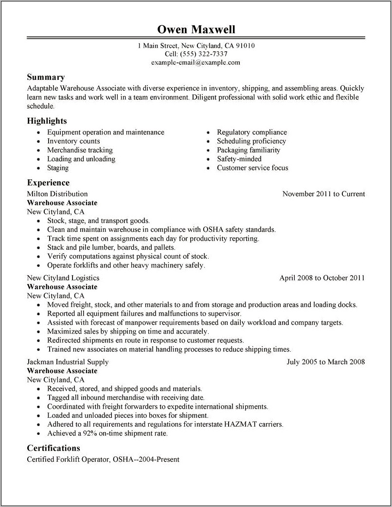 Example Of A Good Warehouse Resume