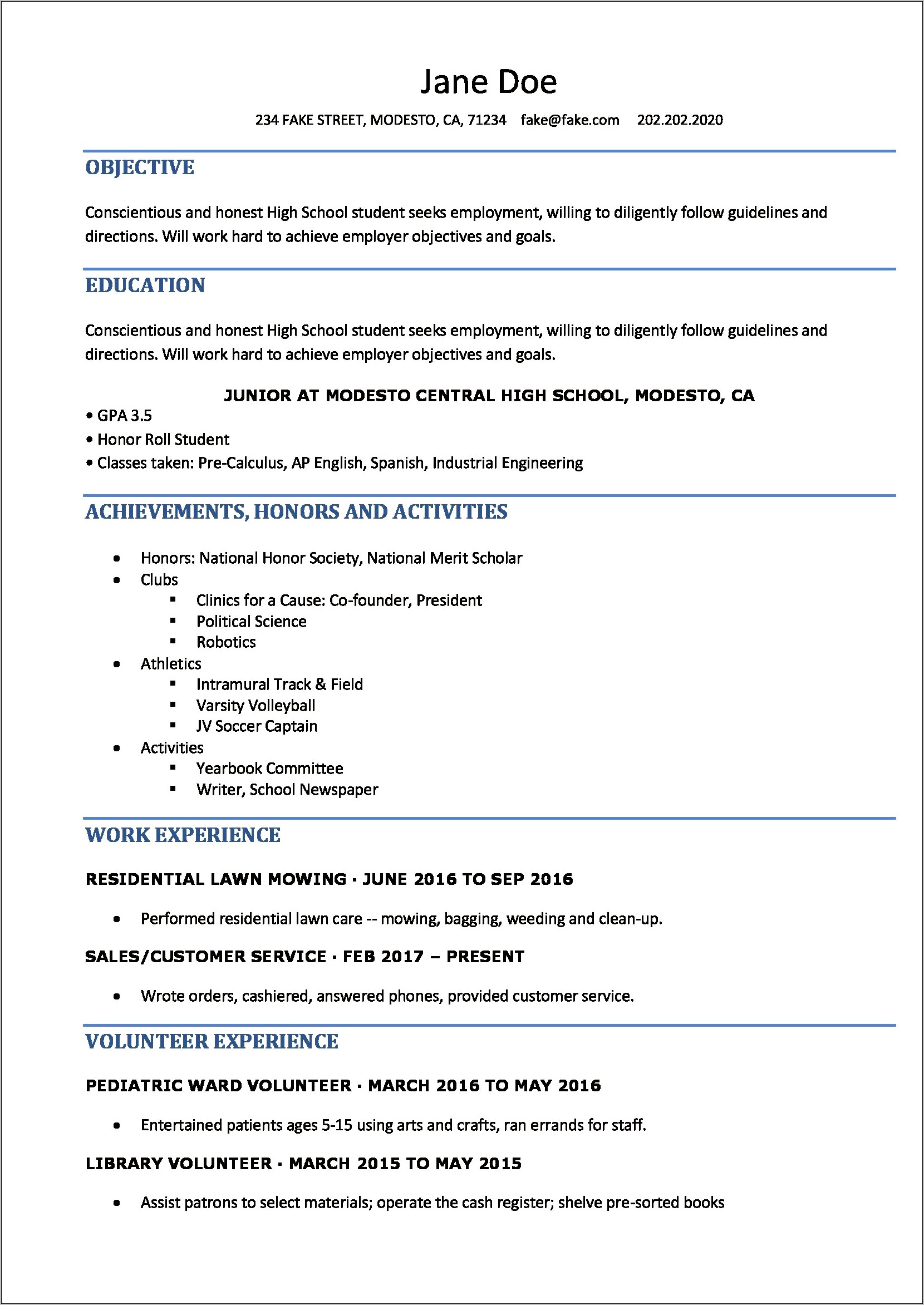 Example Of A High School Resume Objective