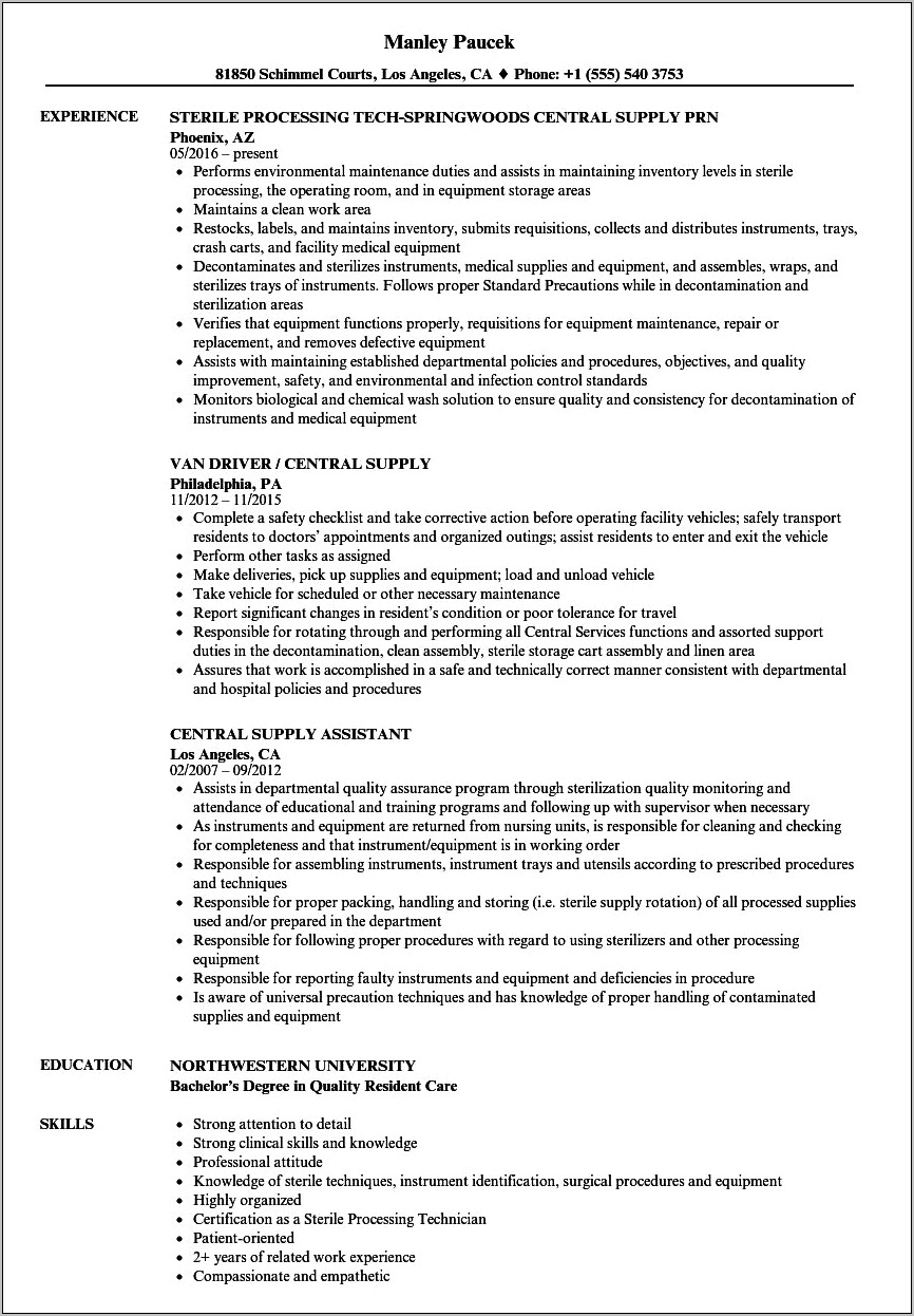 Example Of A Hospital Supply Attendant Resume