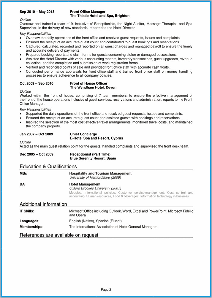 Example Of A Hotel Room Manager Resume
