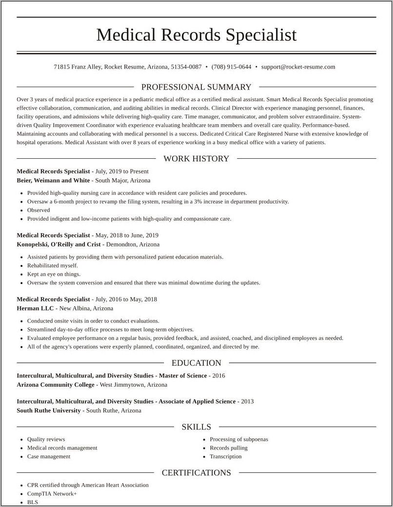 Example Of A Medical Records Specialists Resume