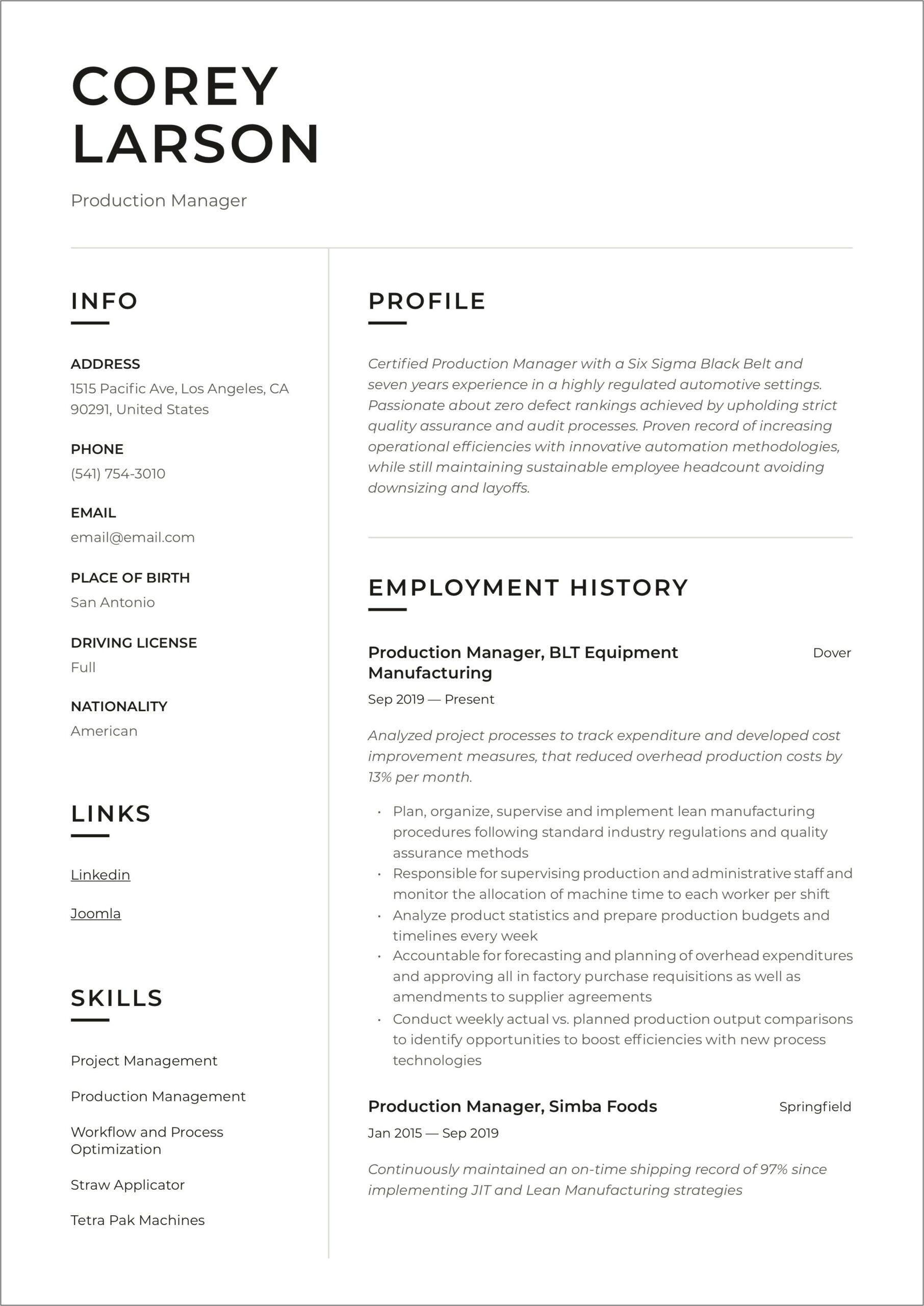 Example Of A Production Manager Resume
