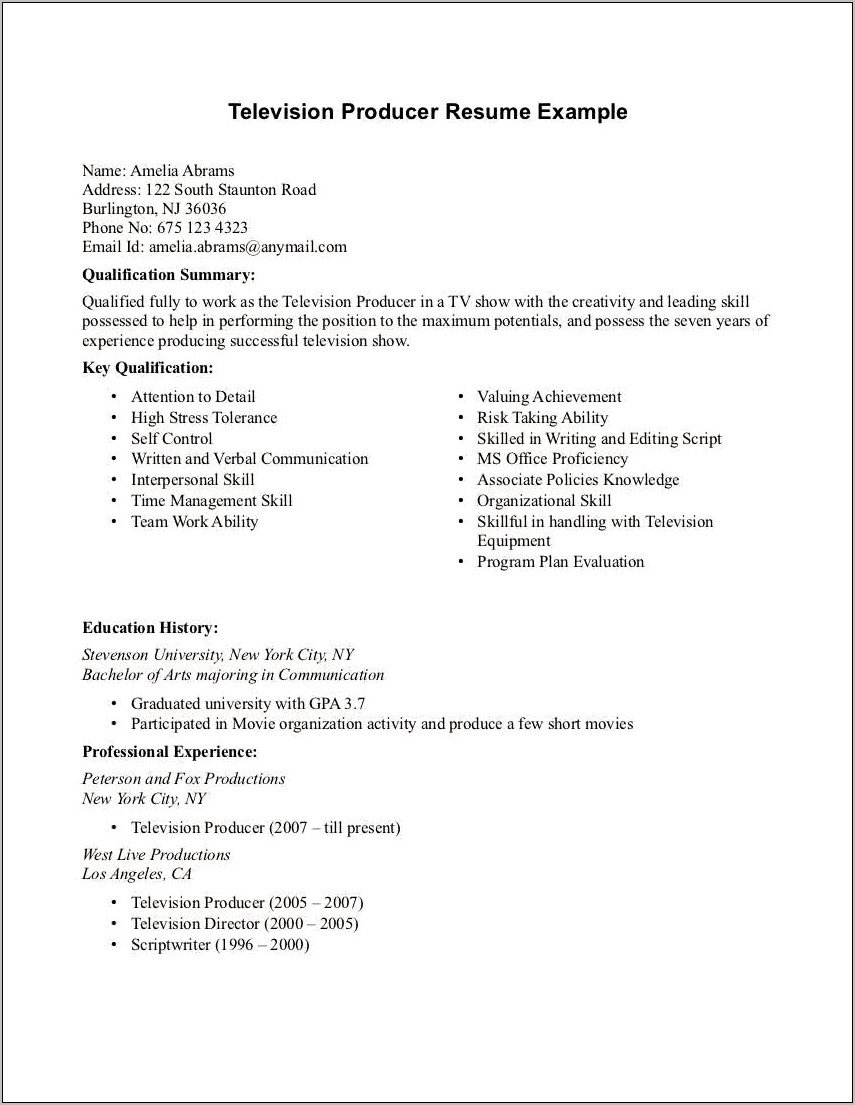 Example Of A Professional La Acting Resume