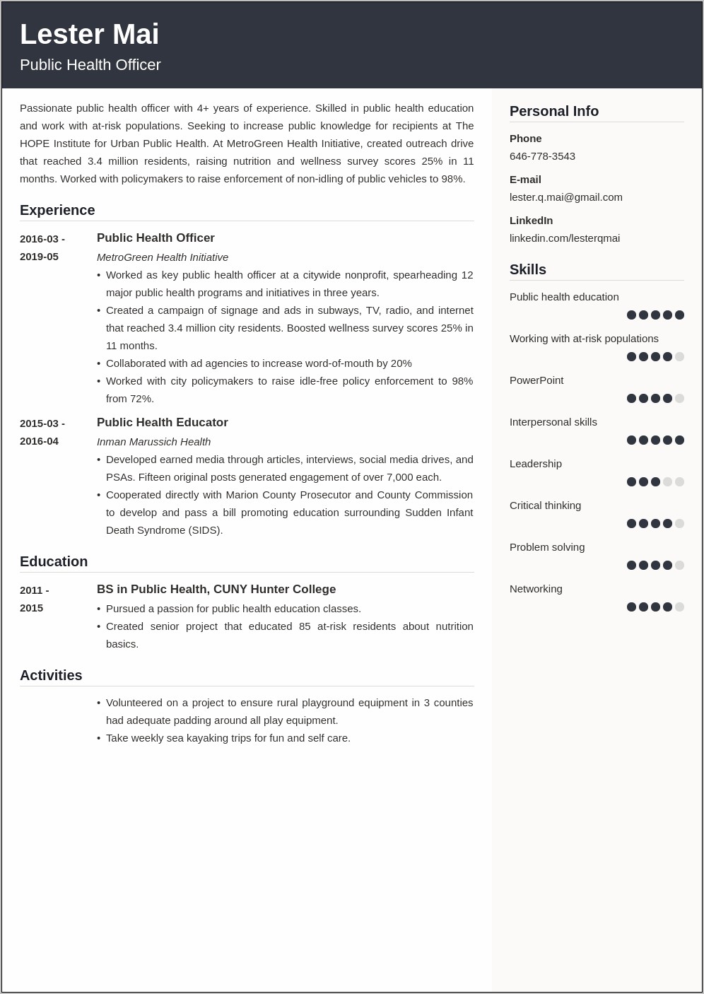 Example Of A Public Health Resume