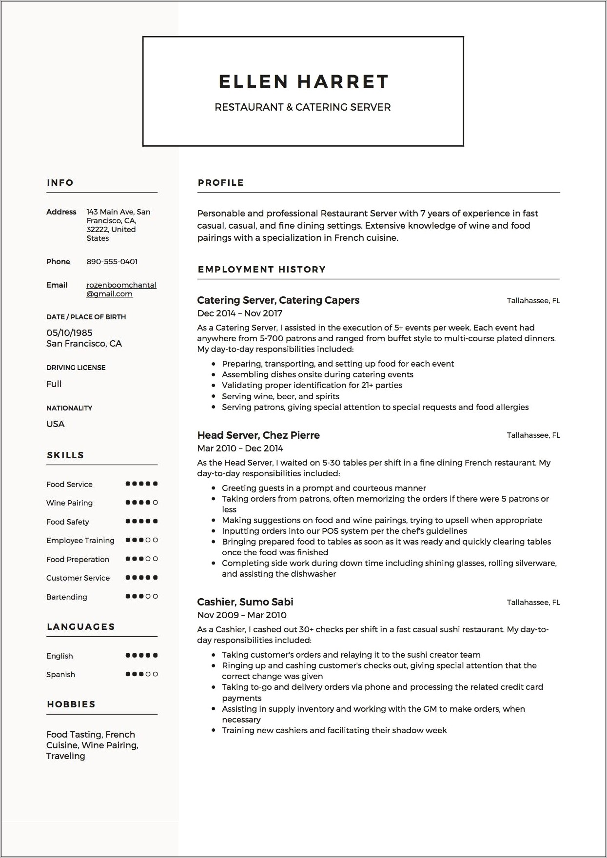 Example Of A Resume For A Restaurant Server