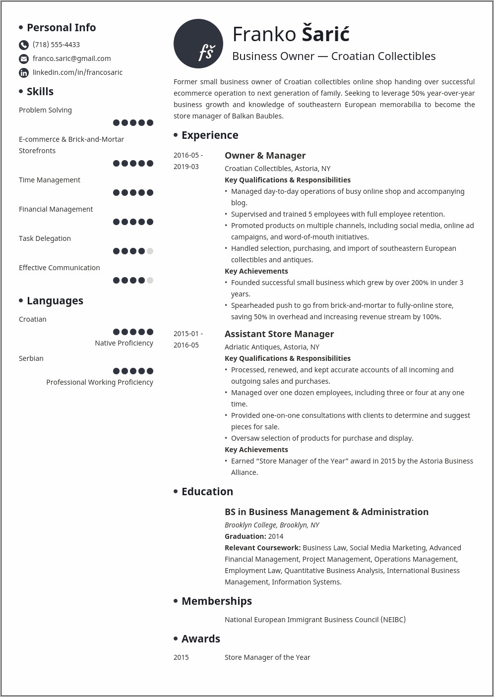 Example Of A Resume For A Small Business