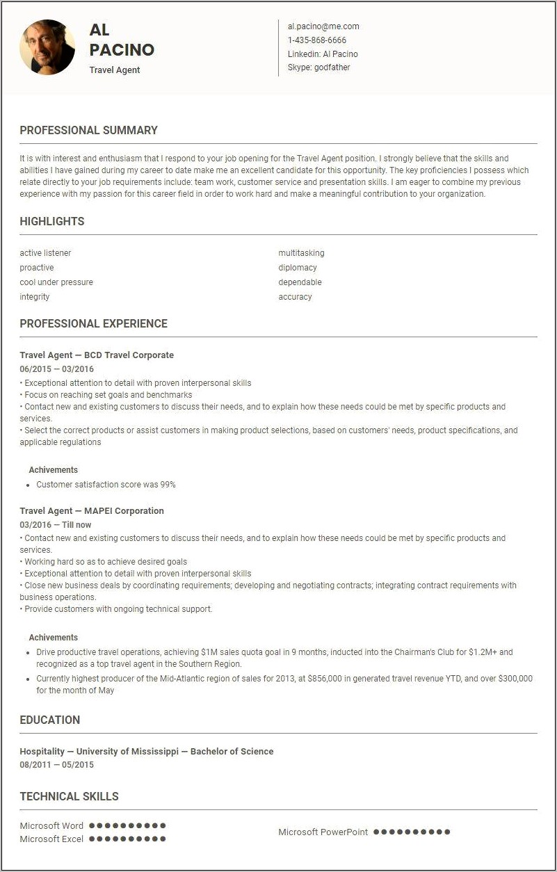 Example Of A Resume For A Travel Agent