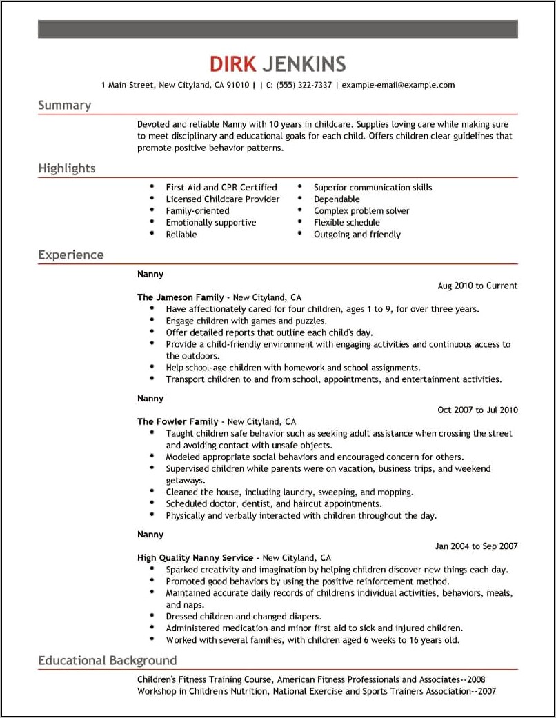 Example Of A Resume For Babysitter