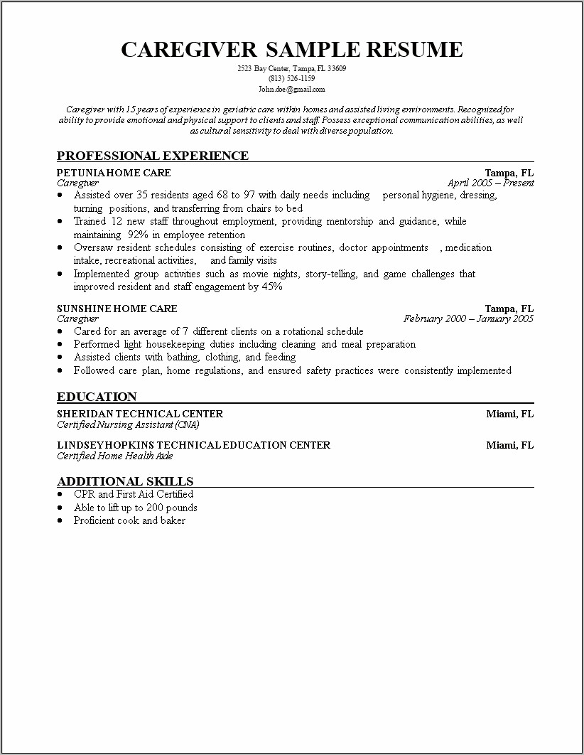 Example Of A Resume For Elderly Caregiver