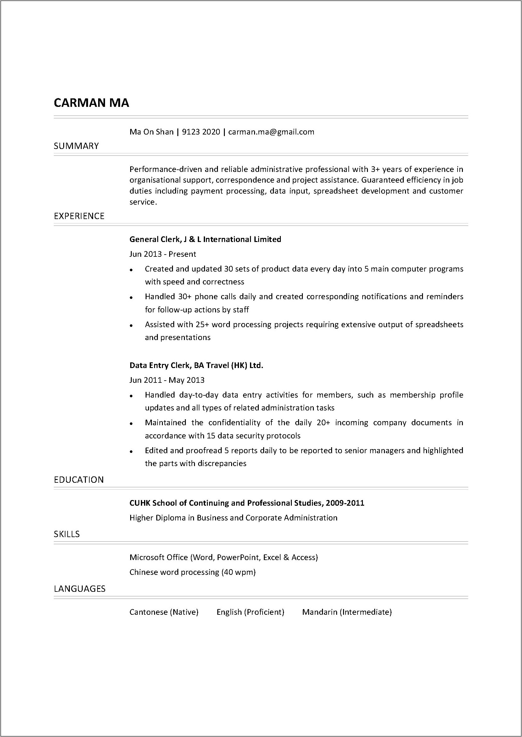 Example Of A Resume For General Work