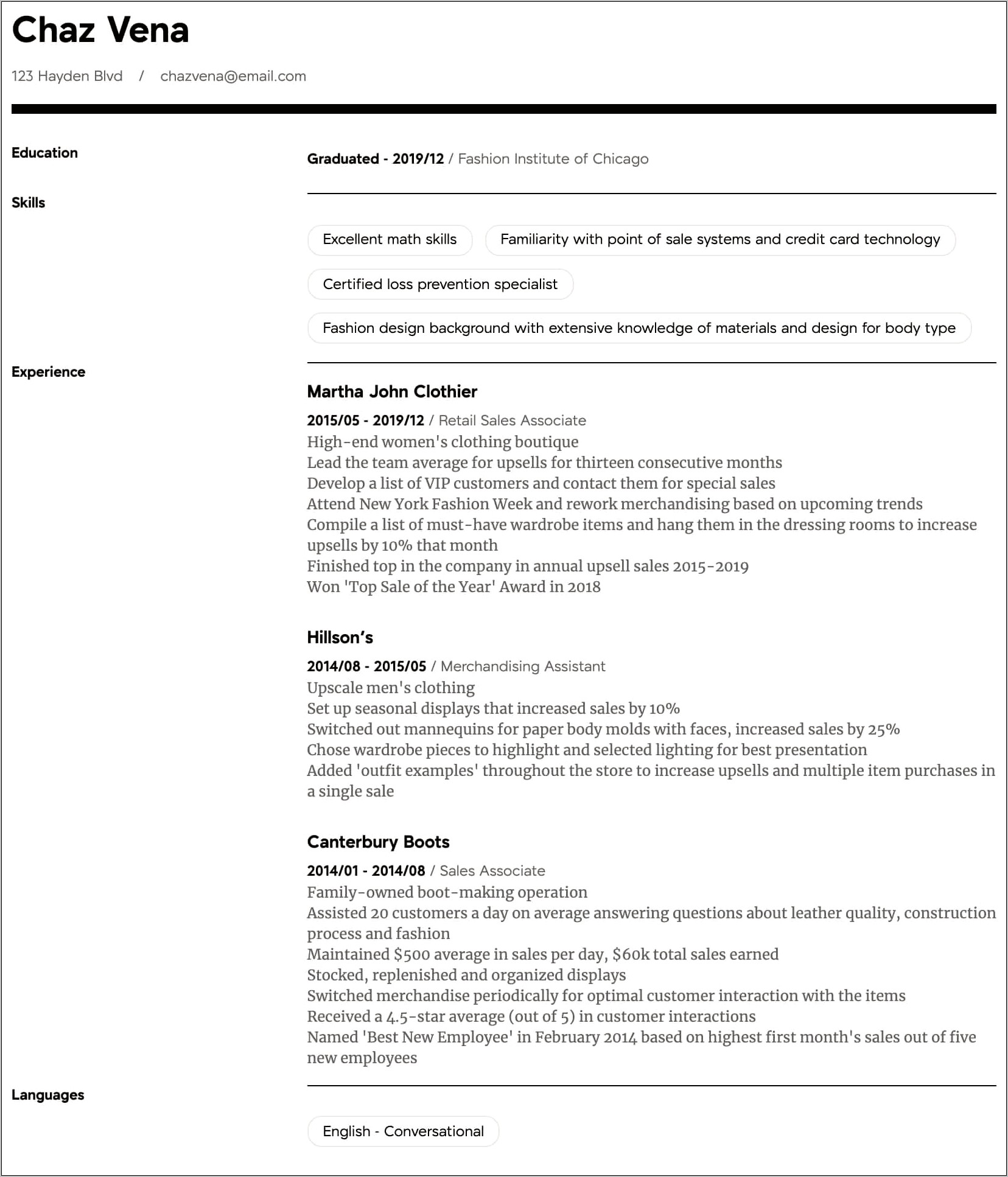 Example Of A Resume For Retail