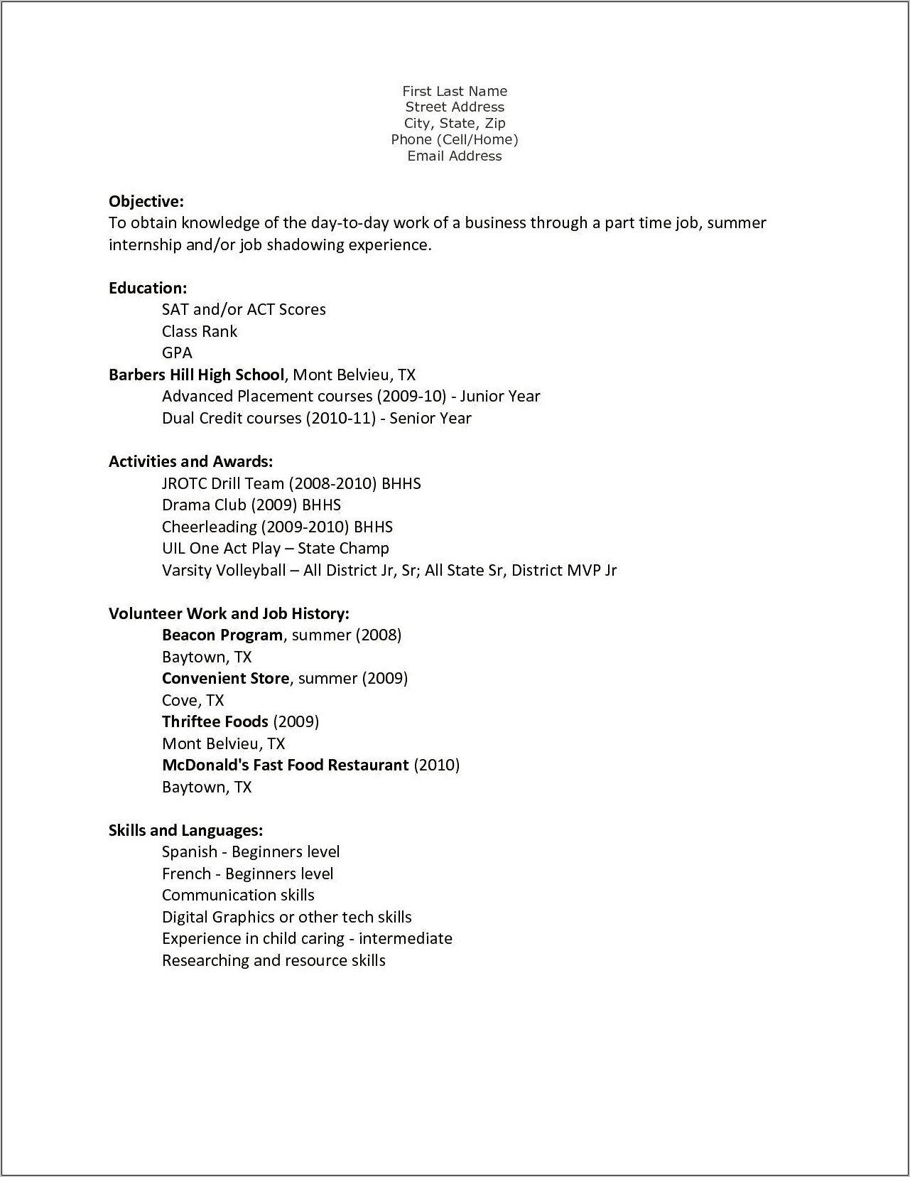Example Of A Resume For Your First Job
