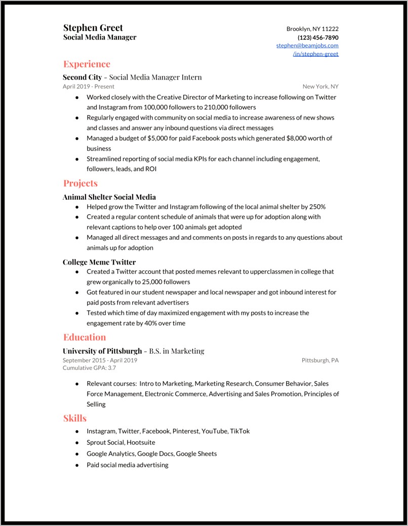 Example Of A Resume Including Instagram
