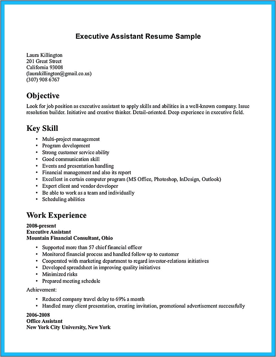 Example Of A Resume Objective For Assistant Manager