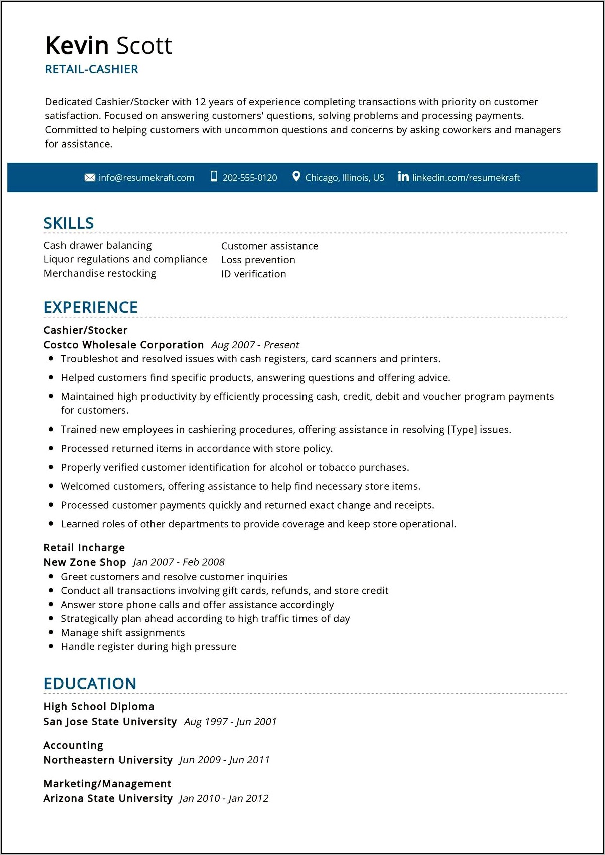 Example Of A Resume With Cashier Experience