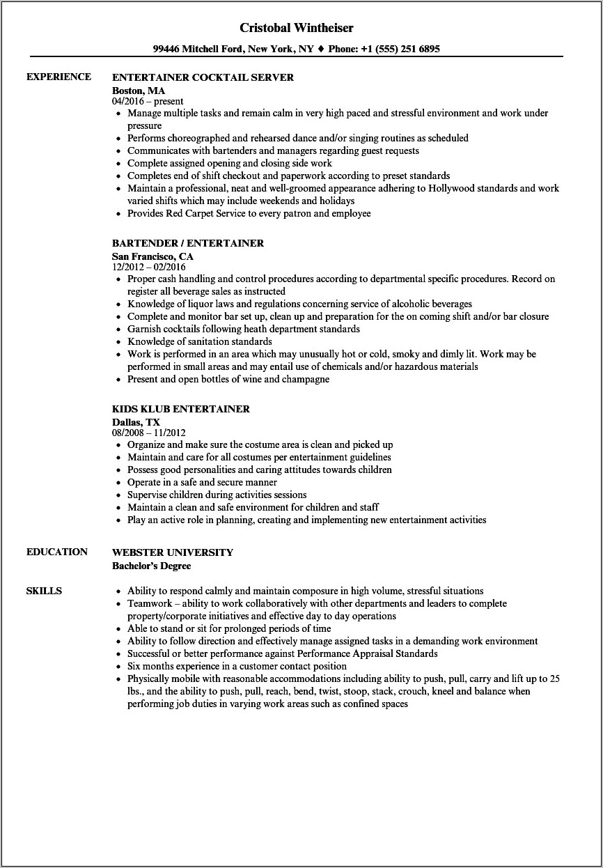 Example Of A Singer's Resume
