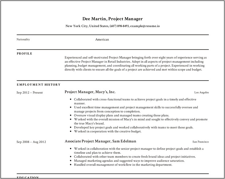 Example Of A Stratup Project Manager Resume