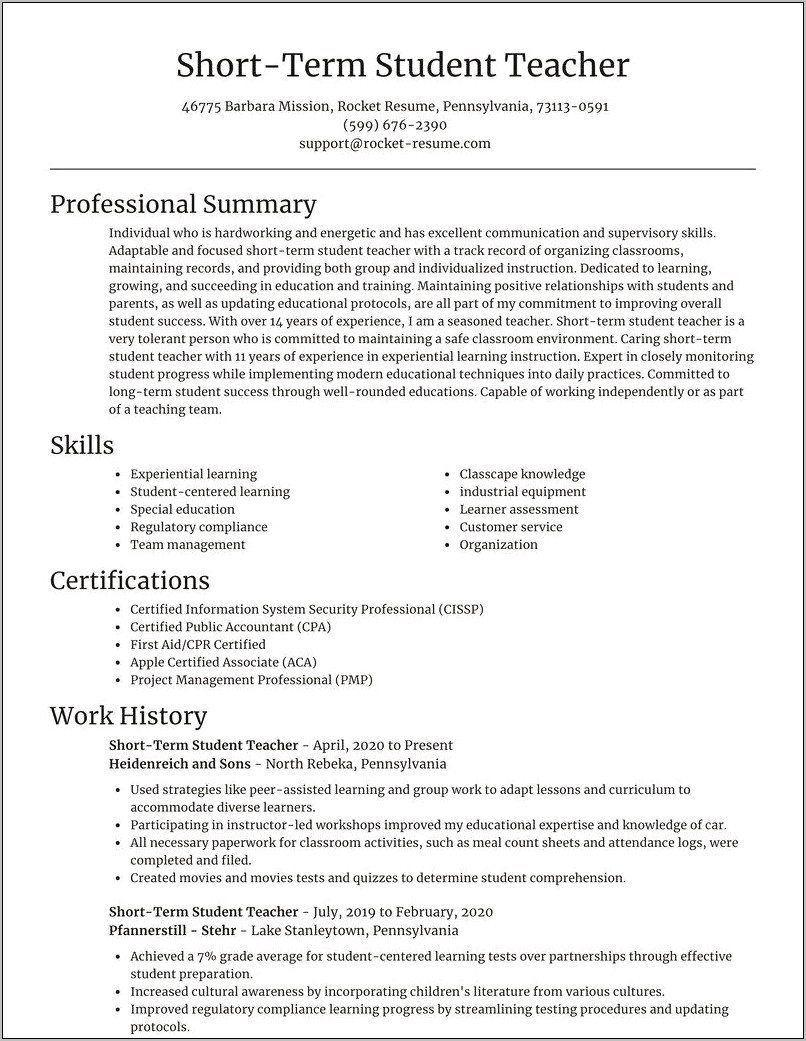 Example Of A Student Teacher Resume