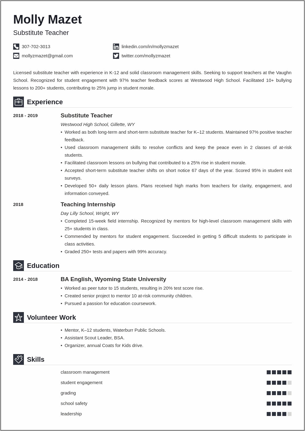 Example Of A Substitute Teacher Resume