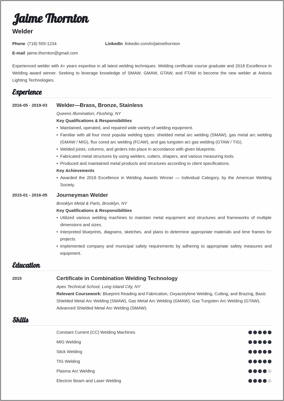 Example Of A Summary For A Welder Resume