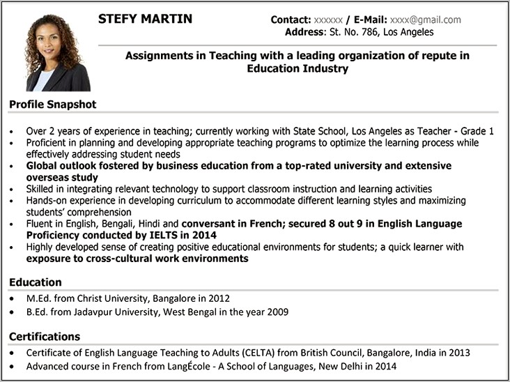 Example Of A Teachers Of Adults Resume