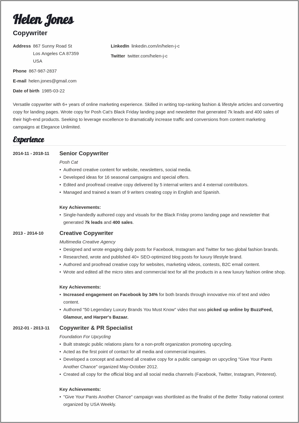 Example Of A Writer's Resume