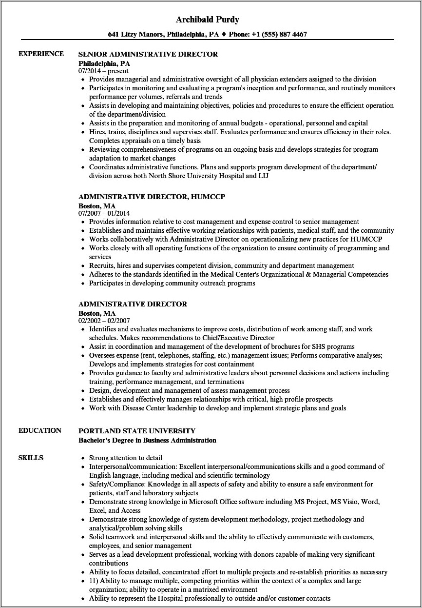 Example Of Administrative Lab Director Resume