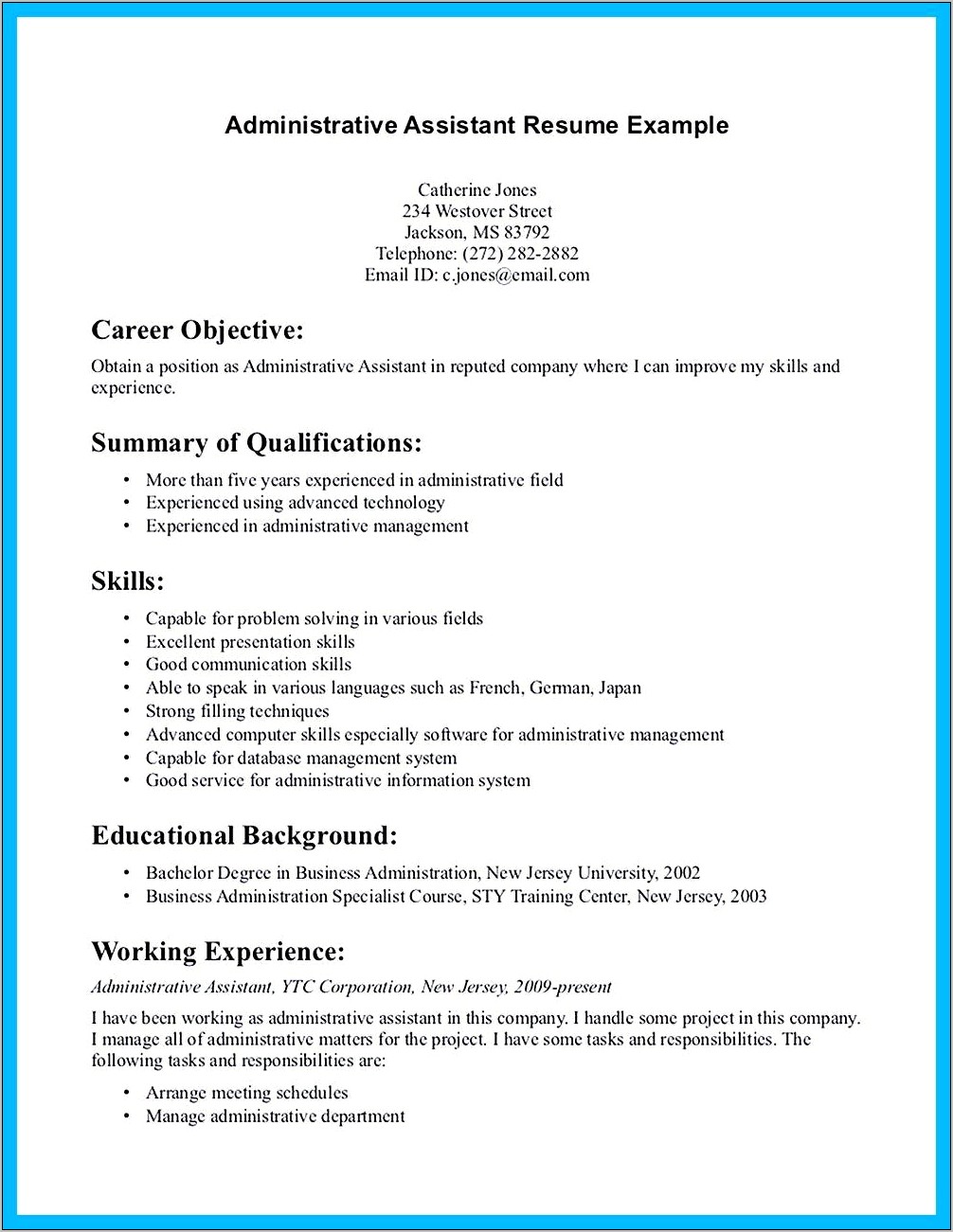 Example Of An Entre Levenadministrative Assistanct Resume