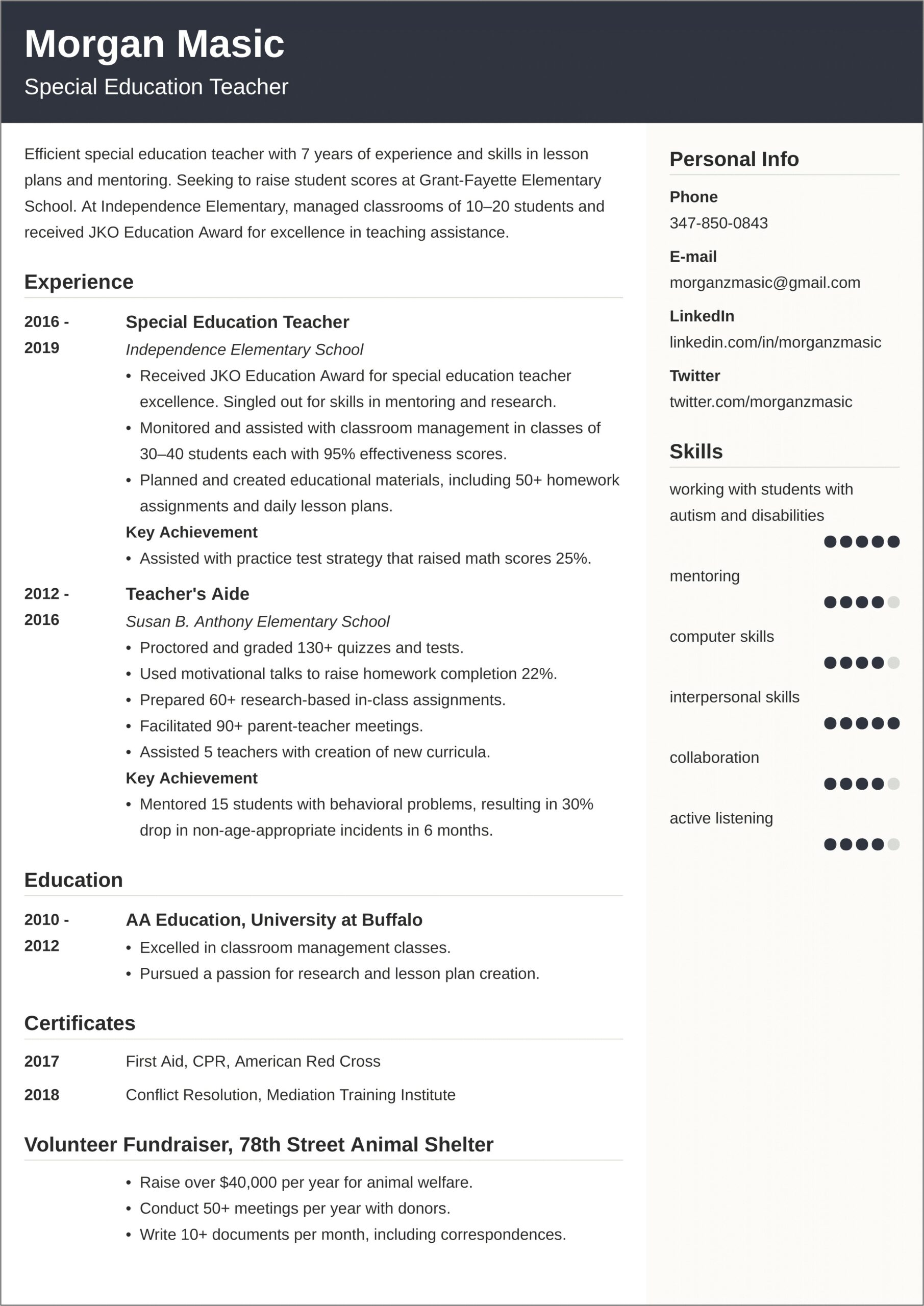 Example Of An Excellent Teacher Resume