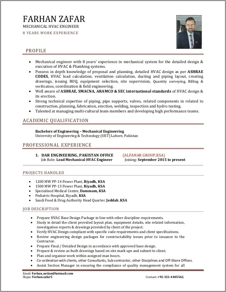 Example Of An Hvac Eng Resume