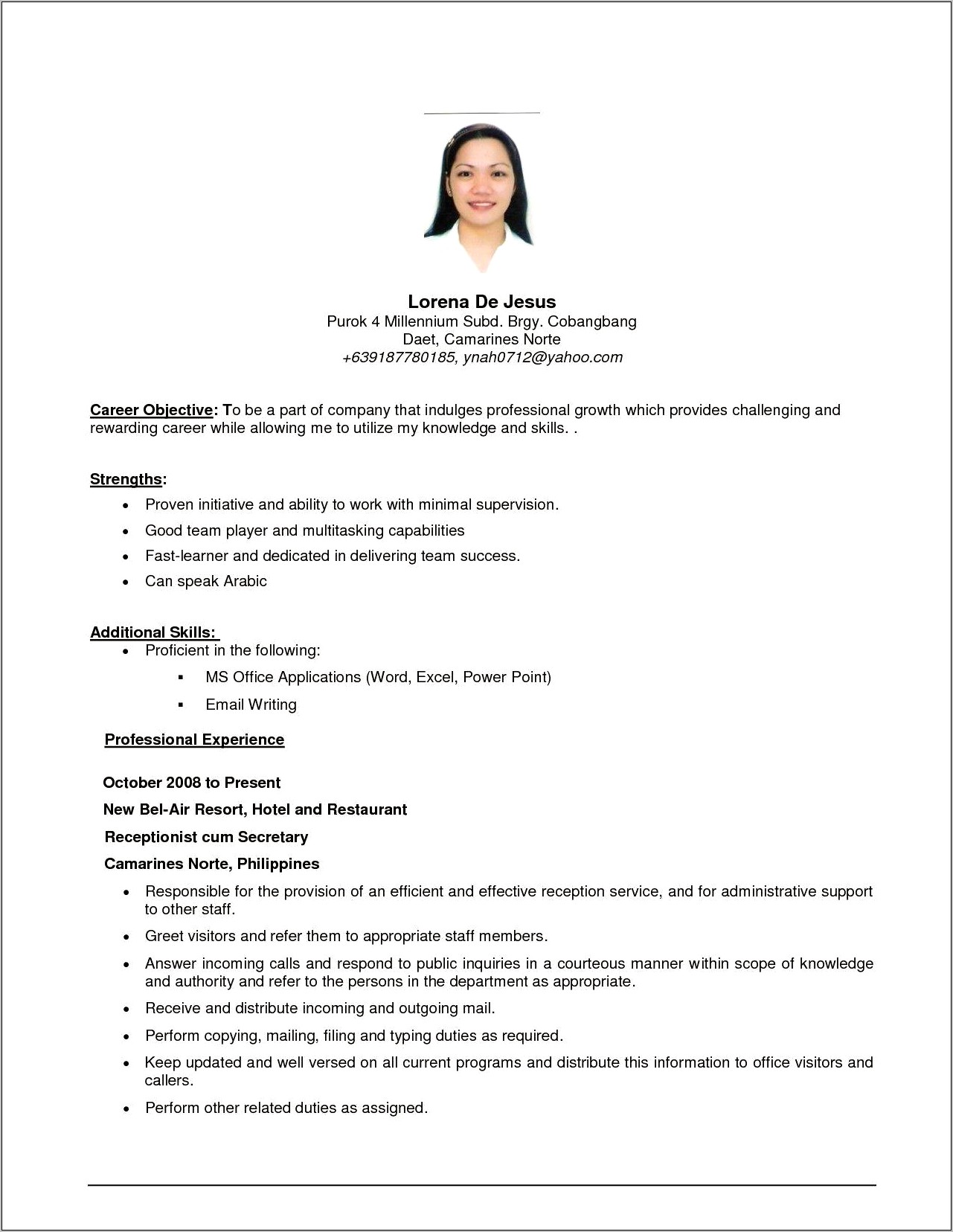 Example Of An Objective On A Job Resume