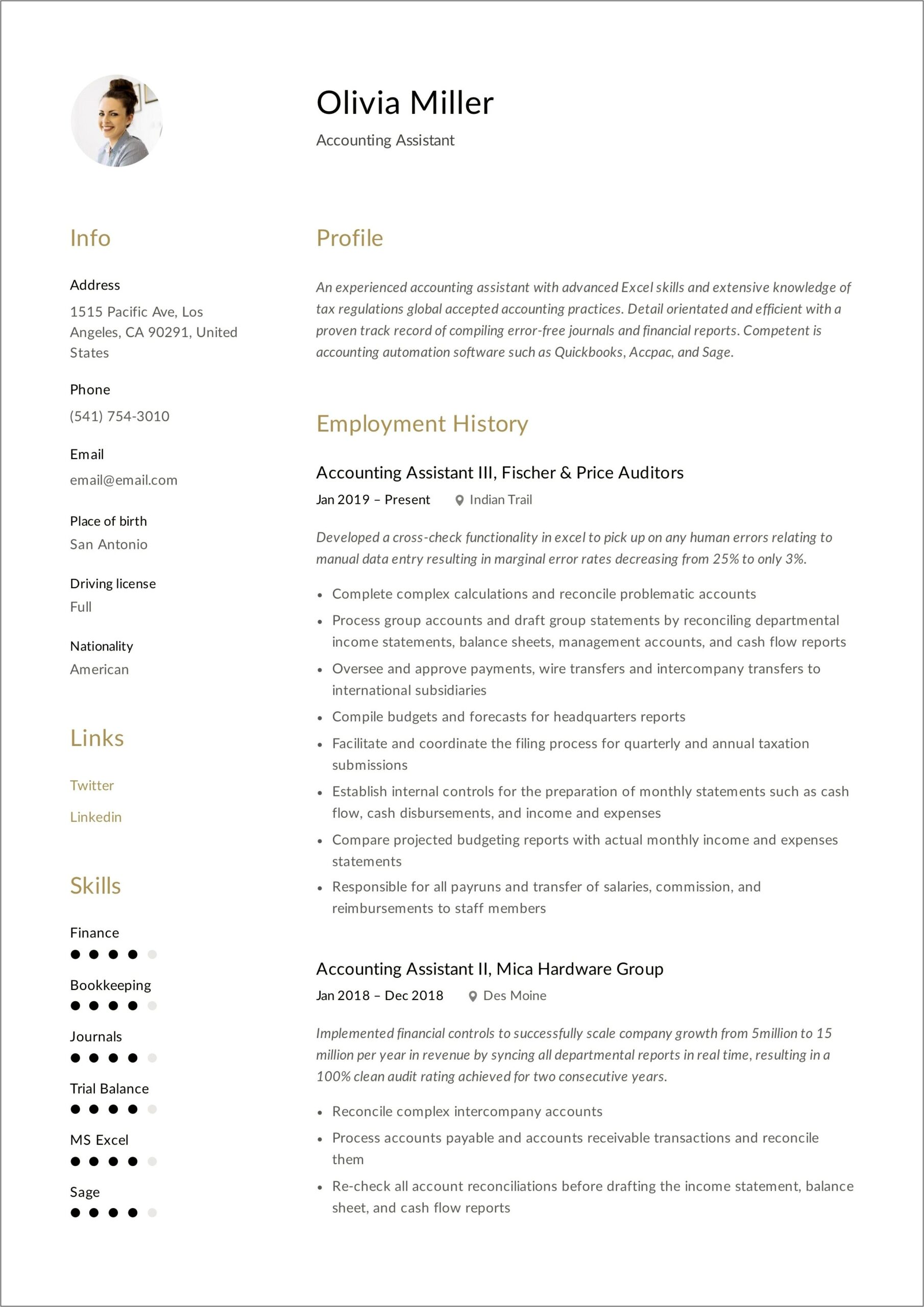 Example Of Assistant Accountant Resume