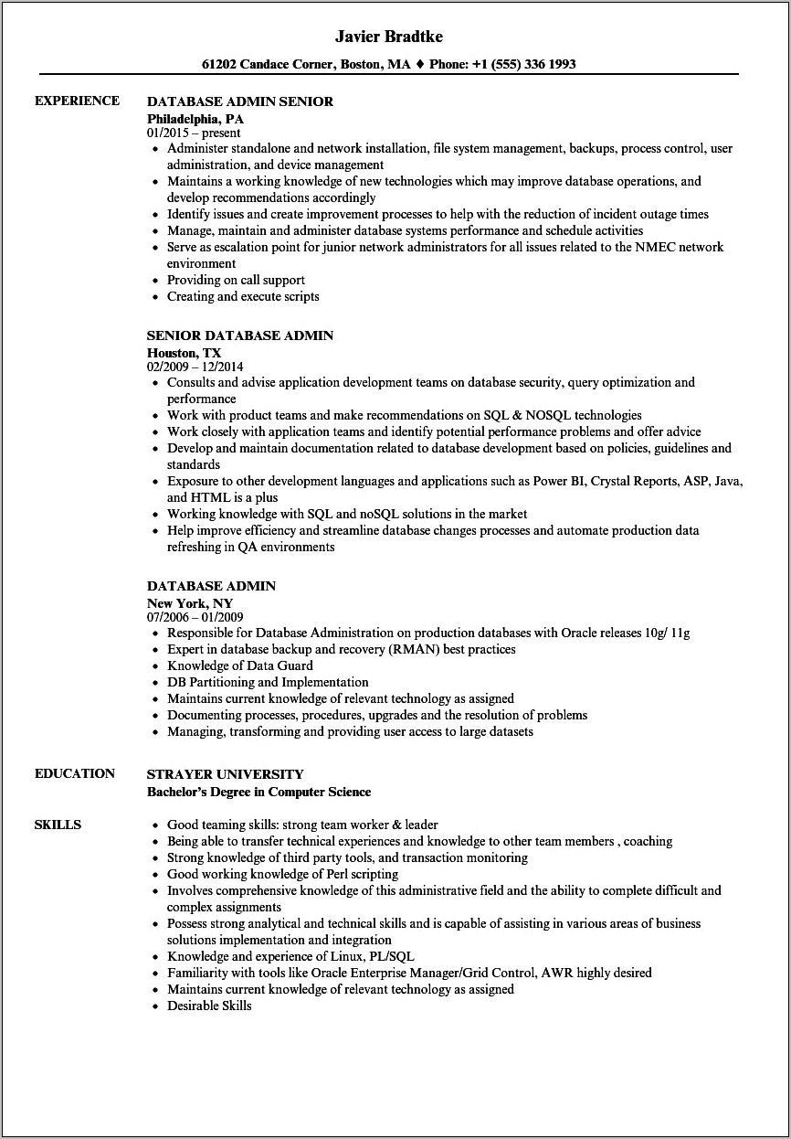 Example Of Attractive Database Administrator Resume