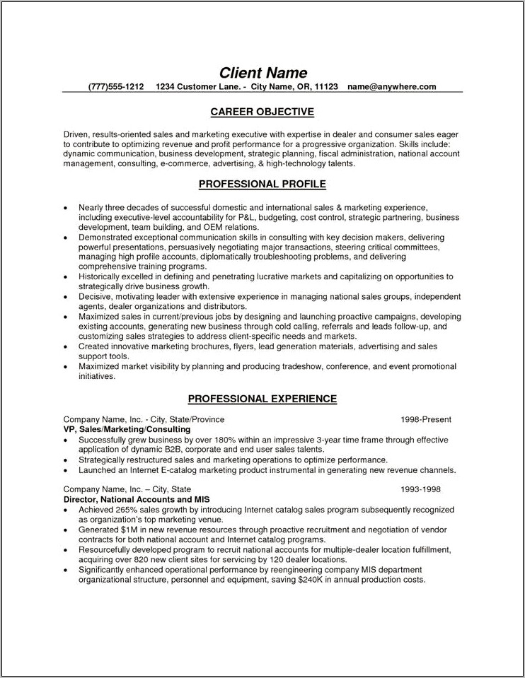 Example Of Business Objective In Resume