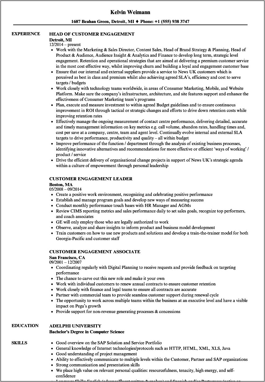 Example Of Client Engement Specialist Resume
