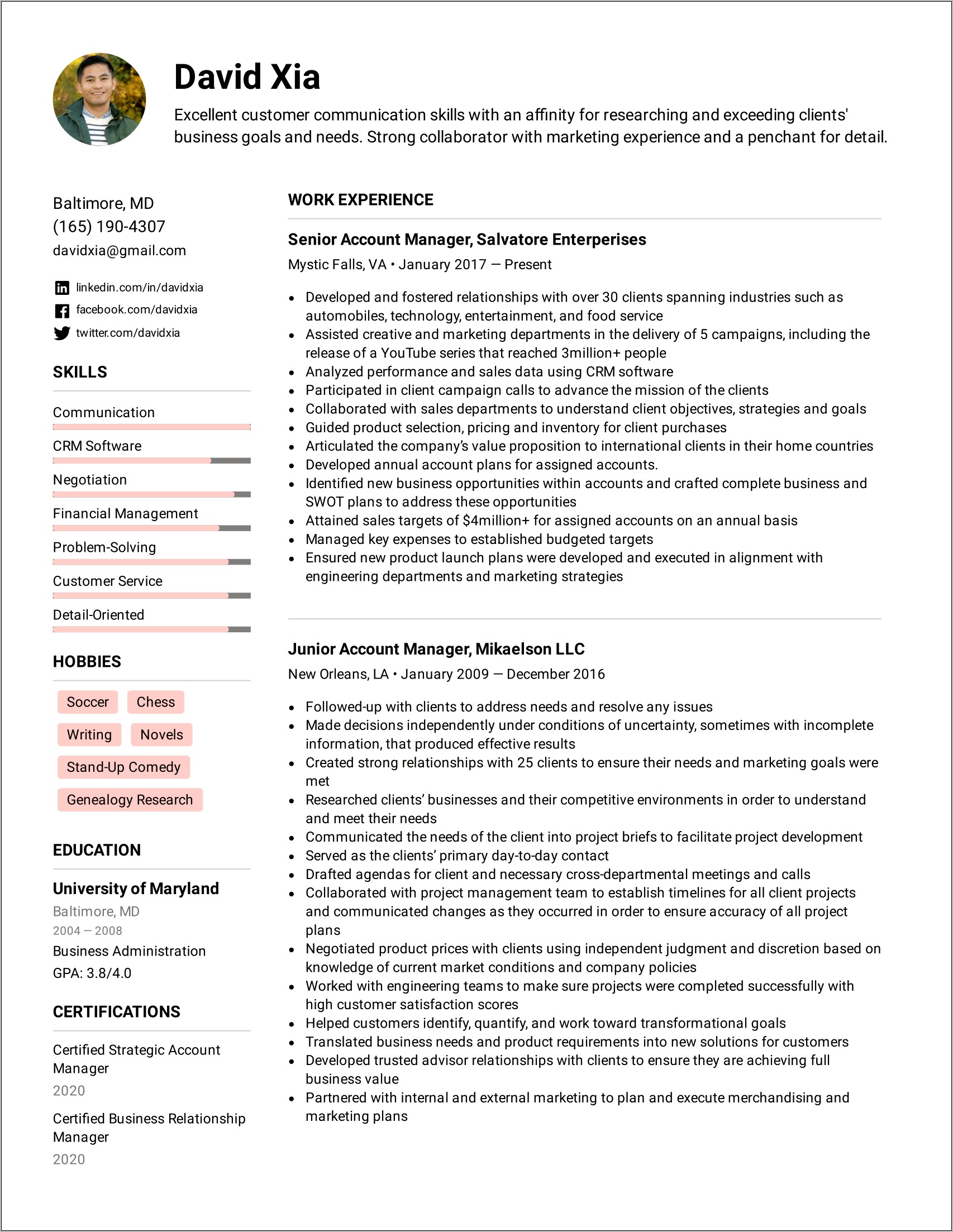 Example Of Client Service Manager Resume
