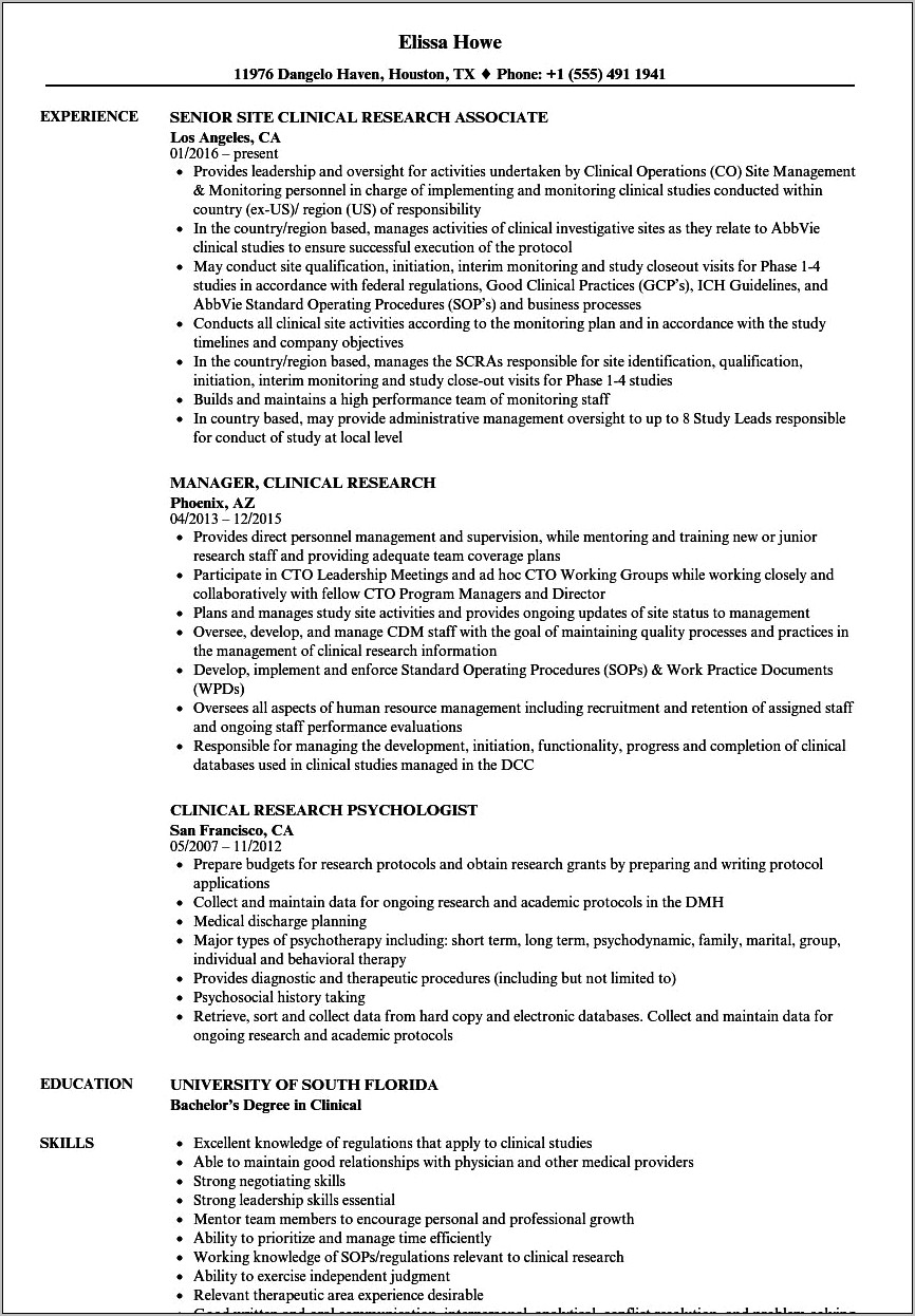 Example Of Clinical Research Associate Resume Sample