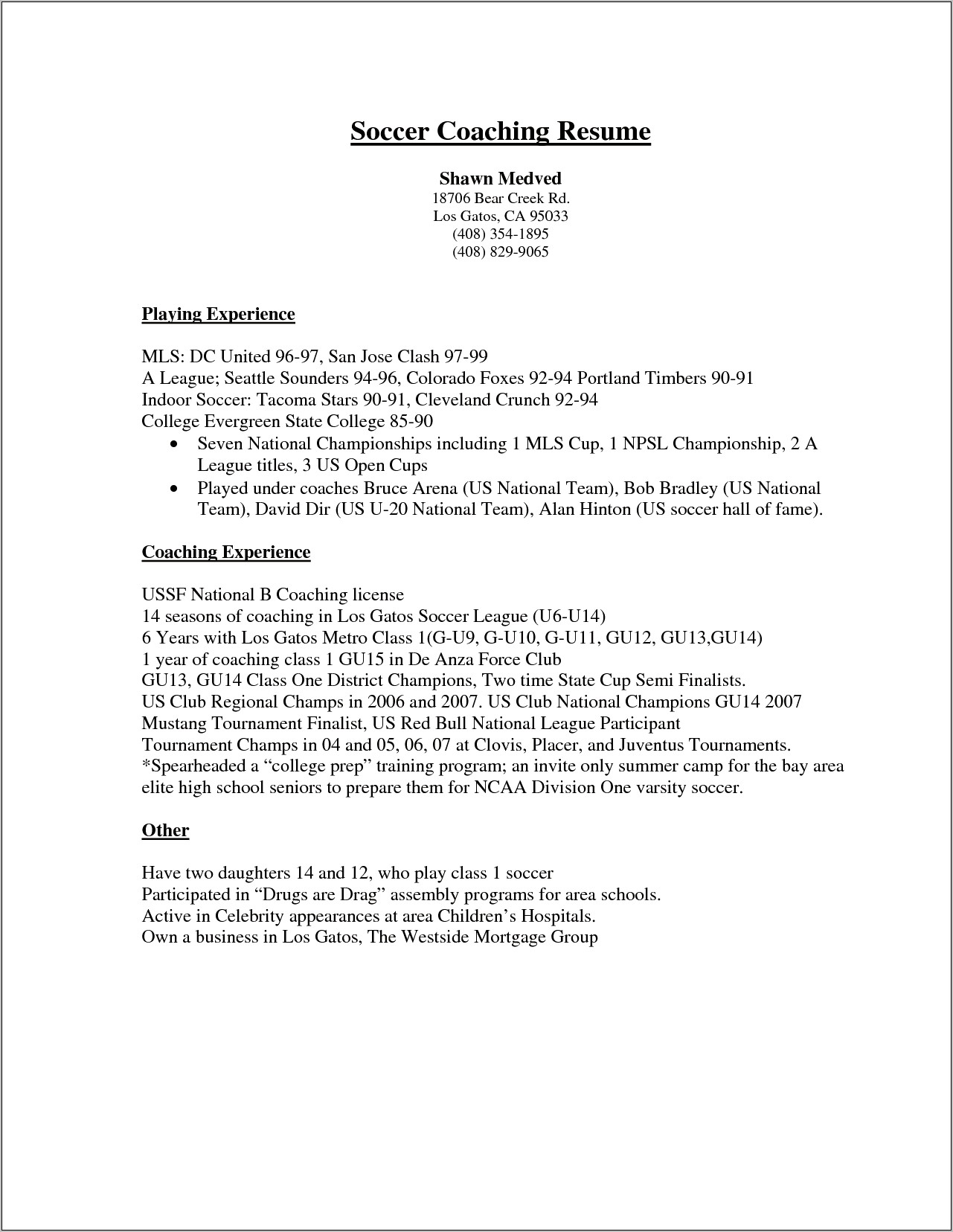 Example Of College Football Coach Resume