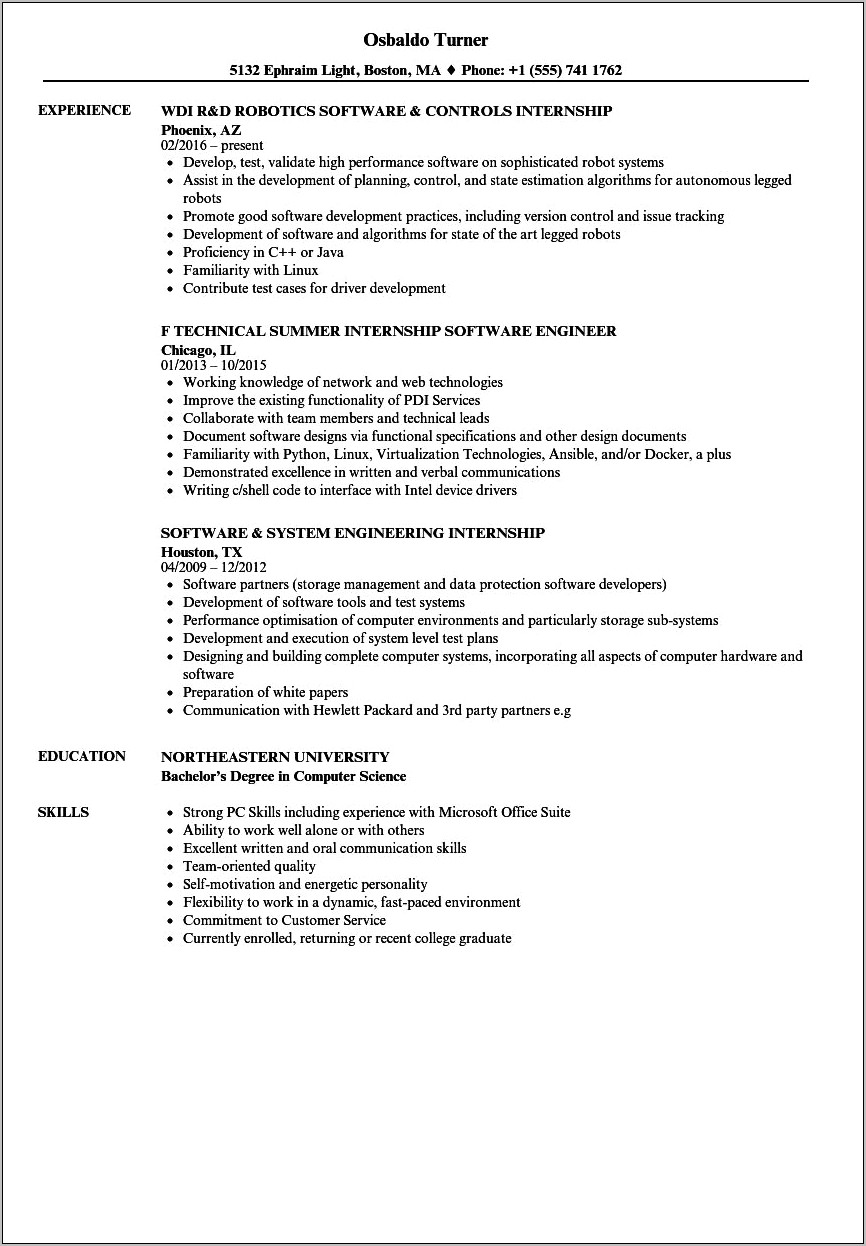 Example Of Computer Engineering College Student Resume