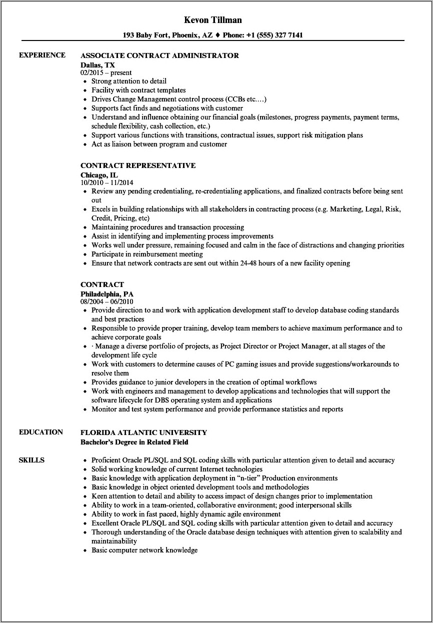Example Of Contract Work On Resume