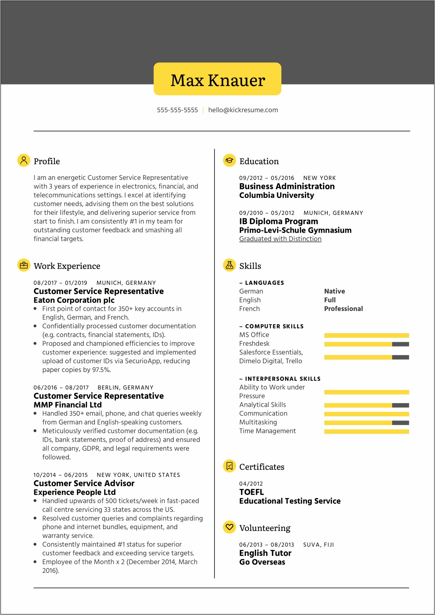 Example Of Customer Service Experience Resume
