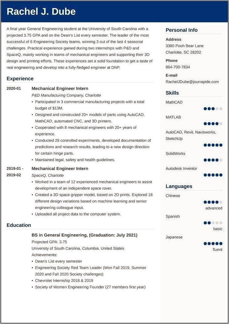 Example Of Engineering Resume For Internship