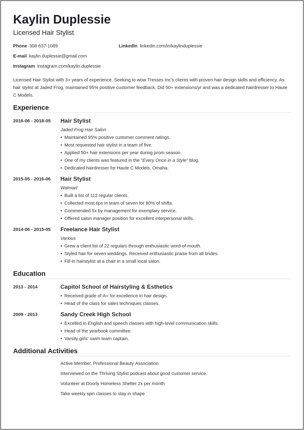 Example Of Entry Level Cosmetologist Resume
