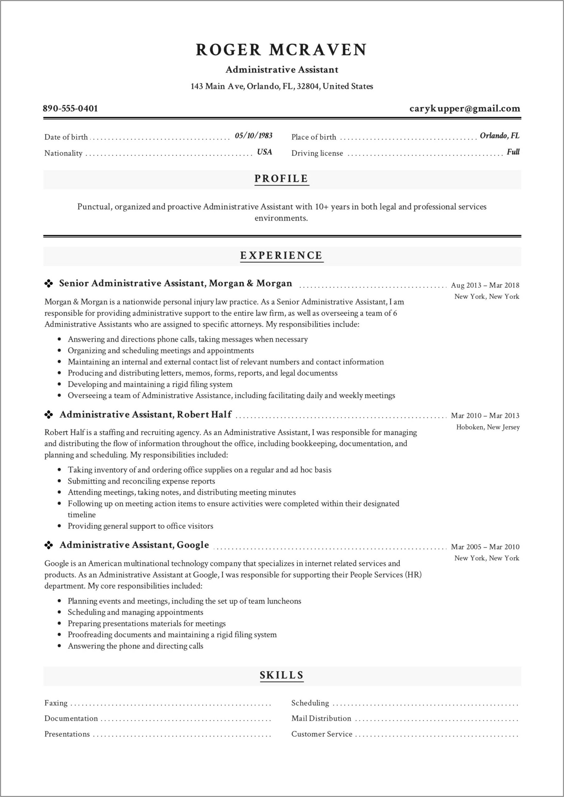Example Of Excellent Administrative Assistant Resume