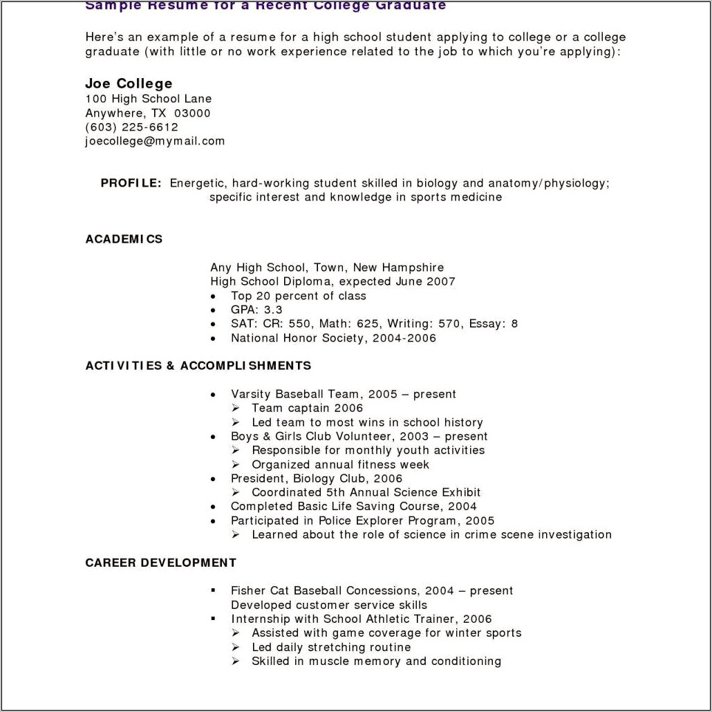 Example Of Experience On A High School Resume