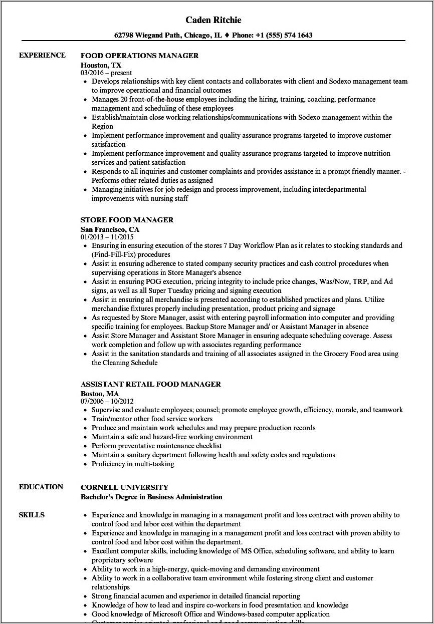 Example Of Food Service Manager Resume