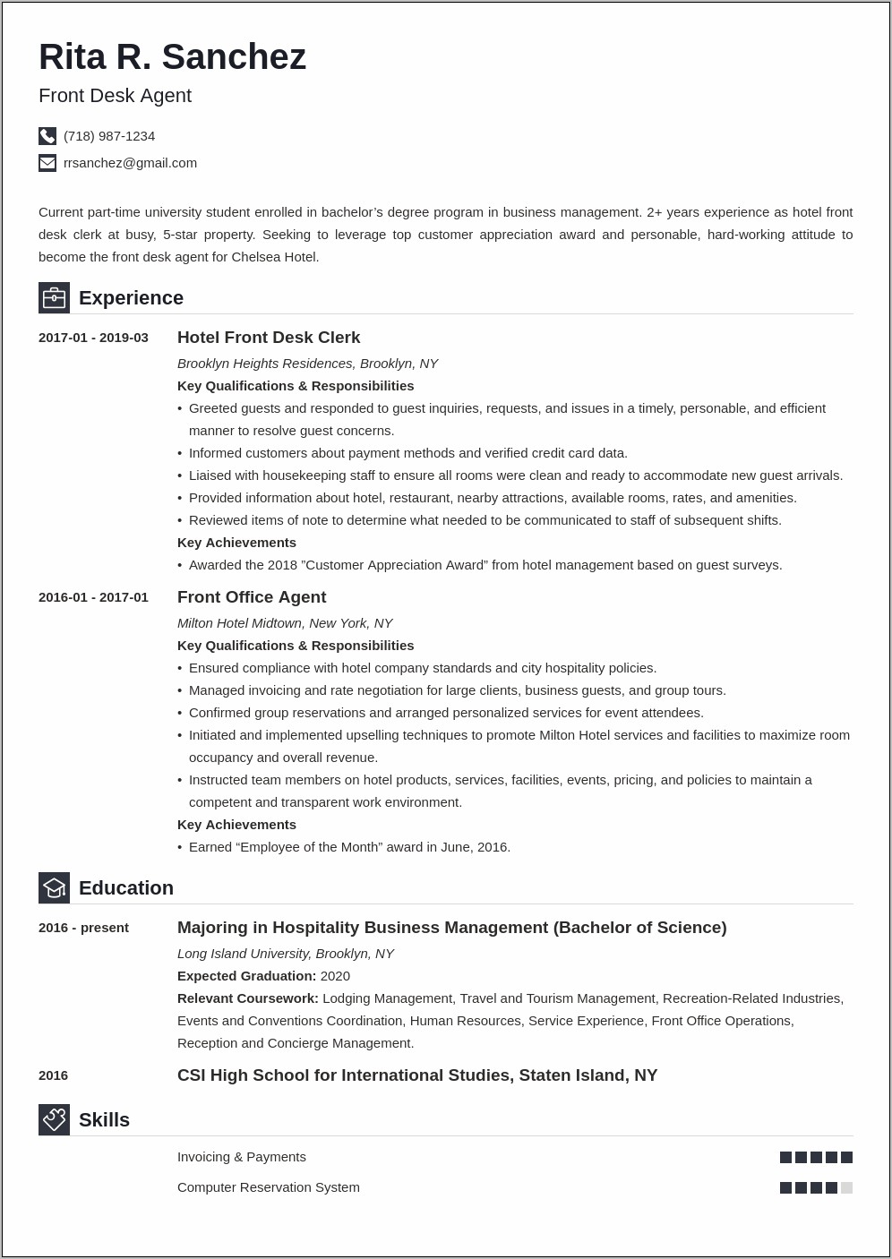 Example Of Front Office Summary For Resume