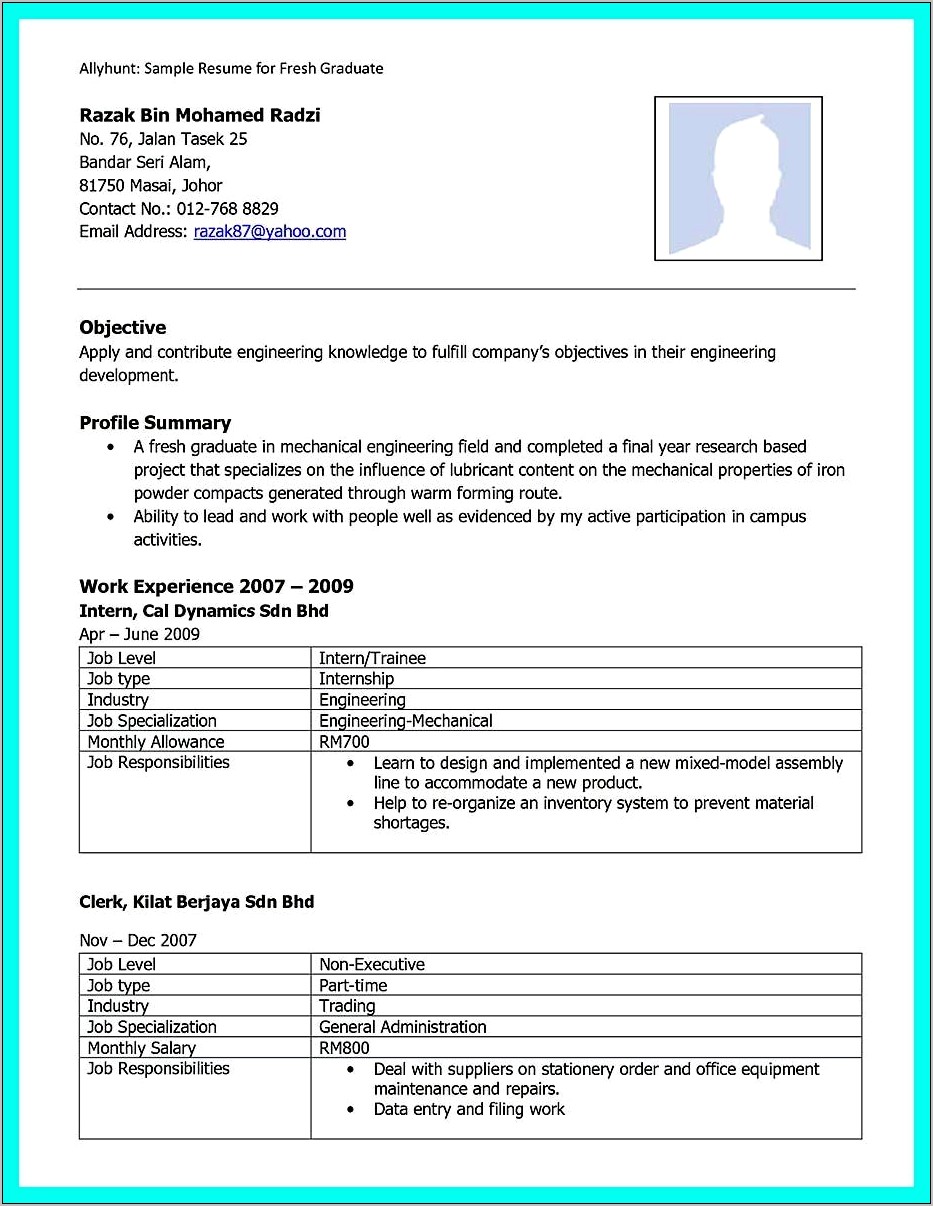 Example Of Good Resume For Fresh Graduate